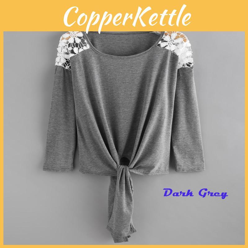 Zeitloses Design Baumwolle und Polyester Damen Spitzenstich Rundhalsausschnitt Oberteil