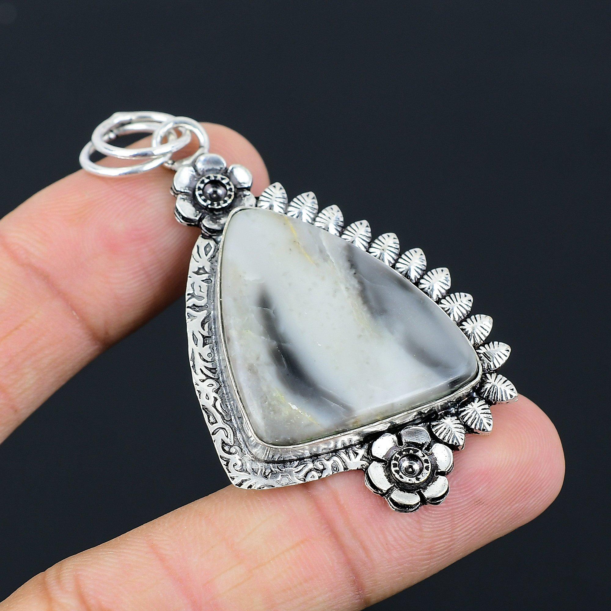 Daughters Day Sale Trillion Fume Agate Stone 925 Sterling Silver Flower Pendant