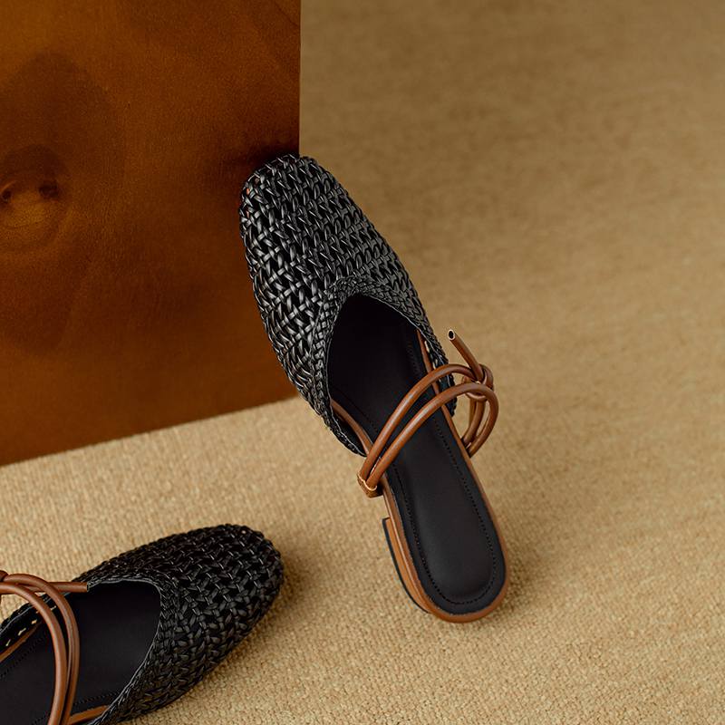 Krazing Pot Microfiber Mules Weaving Summer Size 41 Low Heels Slingback Party Shoes Women Square Toe Gladiator Hollow Out Pumps