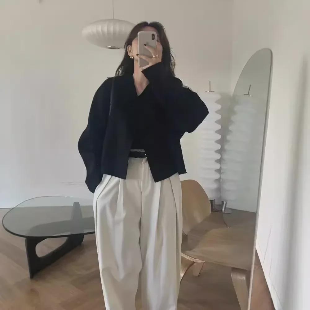 Korean Style Autumn/Winter Solid Color V-Neck Loose Wool Coat