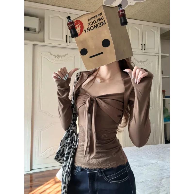 Fake Two-piece Square Collar Lace Bottoming Shirt for Women Autumn Winter Long-sleeved T-shirt Slim Fit Top