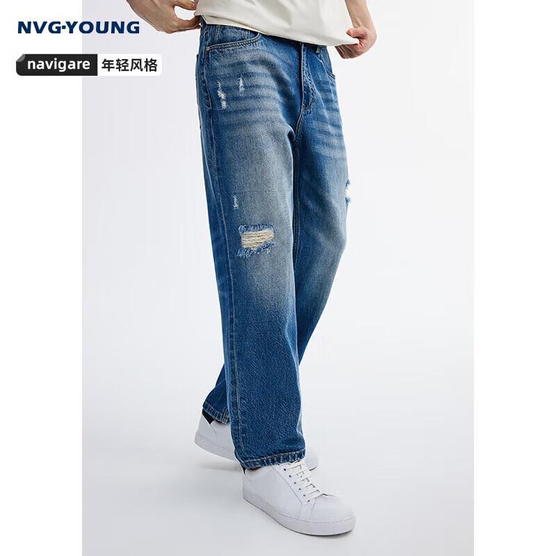 NVG·YOUNG Men's Tencel Blend Distressed Straight-Leg Jeans