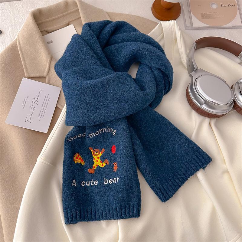

Женский вязаный шерстяной шарф с вышивкой медведя, зимний новый высококачественный теплый утолщенный шарф, чисто коричневый 160*20cm синий