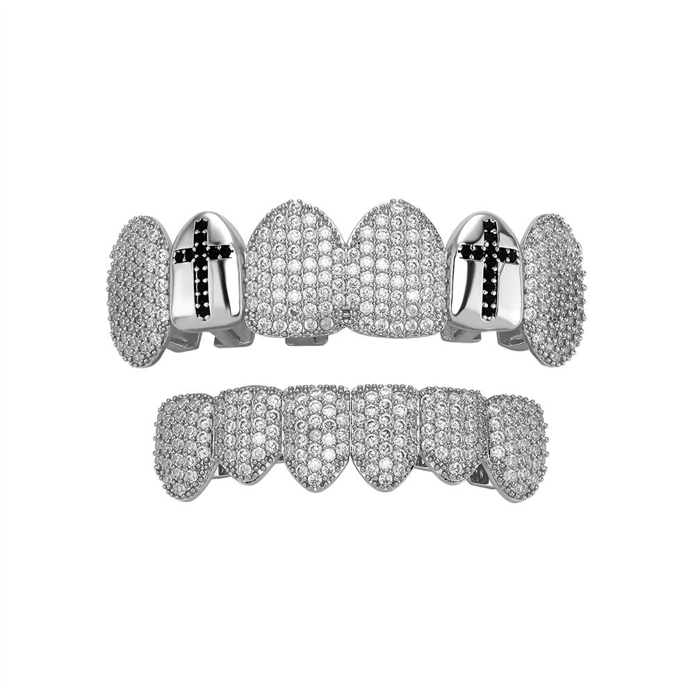 Hot Selling Cross Vampire Fangs Dental Grillz Full Paved Zircon Real Gold Plated Hip Hop Halloween Teeth Jewelry