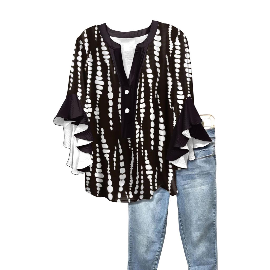 Summer Tops For Women Cute V Neck 3/4 Sleeve Blouses Floral Print Top Casual Shirts