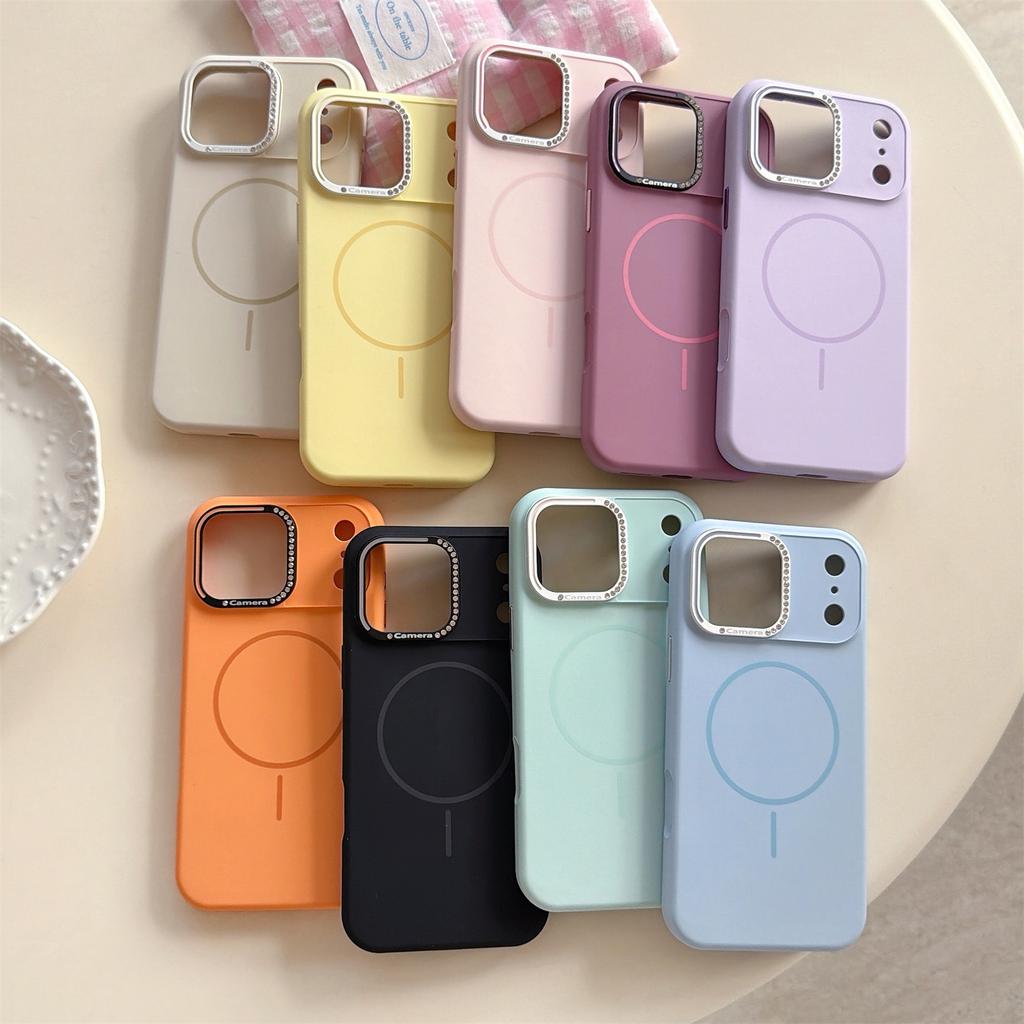 For iPhone 17 Pro Max Case Compatible with MagSafe Rhinestone Decor Lens Frame Silicone Phone Cover