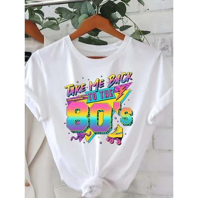 European Size Back To the 80s, Vintage StyleGraphic Print Tshirt, Short Sleeve Crew Neck Casual Top for Summer Spring, Women's Clothing