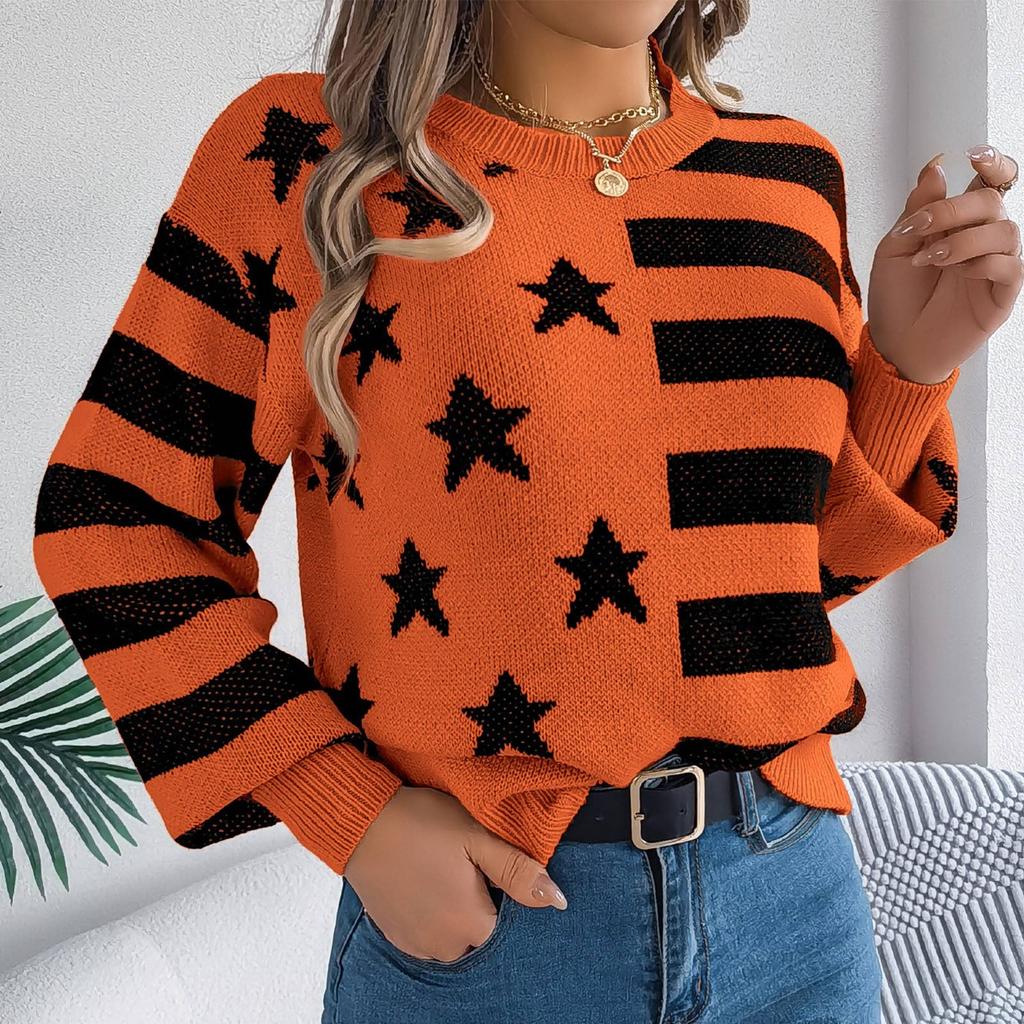 Women's Casual Star Striped  Long Sleeve Pullover Sweater