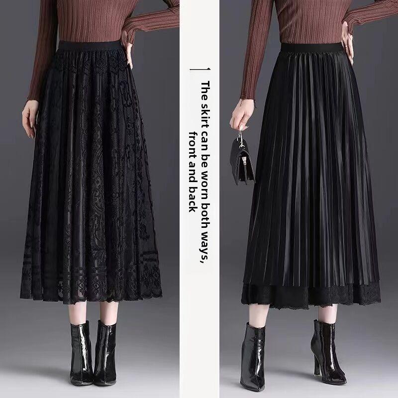 Velvet Pleated Skirt For Women With Lace Detailing And High Waist For Fall Winter