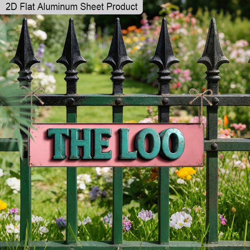 2D Flat 1pc Vintage British Humor Aluminum Sign "THE LOO" with Distressed Pink Background & Green Letters 15.7x3.94 Inch, Retro Metal Wall Plaque for