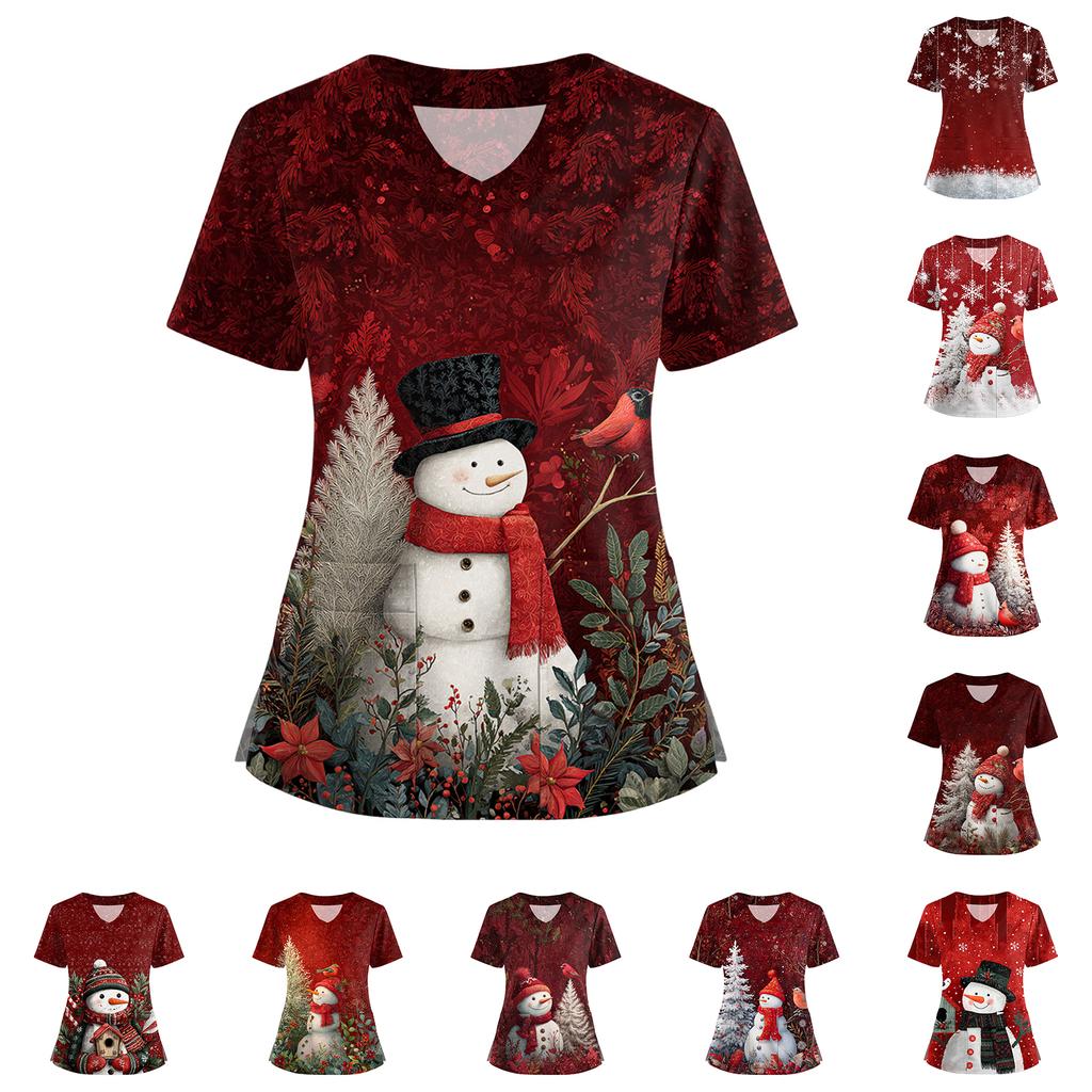 Women's Short Sleeved Christmas Printed V-neck Buttonable Side Slit Top T-shirt