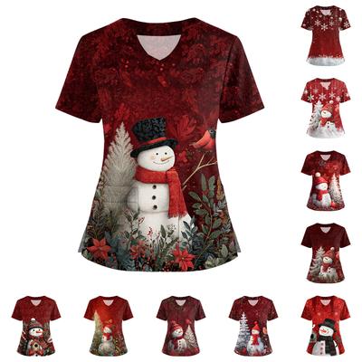 Tricou de damă cu mânecă scurtă, cu imprimeu de Crăciun, decolteu în V, cu nasturi, cu șliț lateral