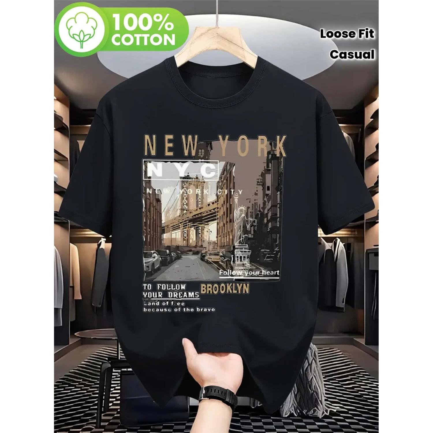 Men s New York City T-shirt Unisex -100% Cotton New York Landmark Printed Short Sleeved Shirt, Statue of Liberty Pattern T-shirt S чёрный