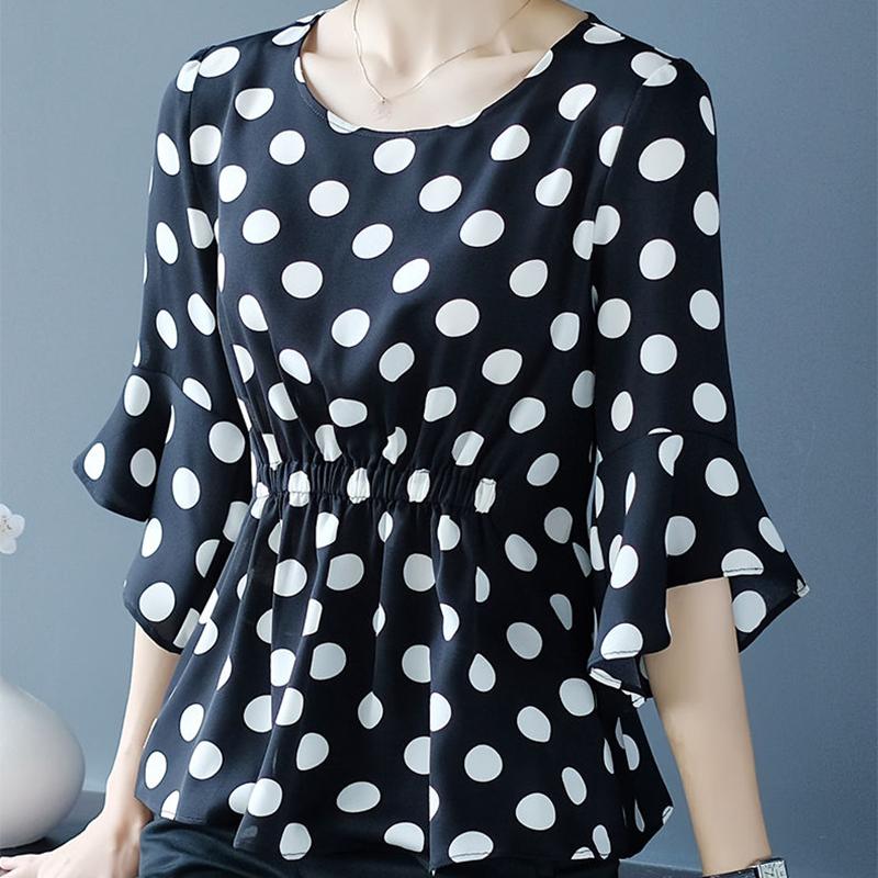 Spring and Autumn Ladies Chiffon Shirt Polka Dot Cover Belly Summer Ruffled Waist Blouse Western Style Small Shirt