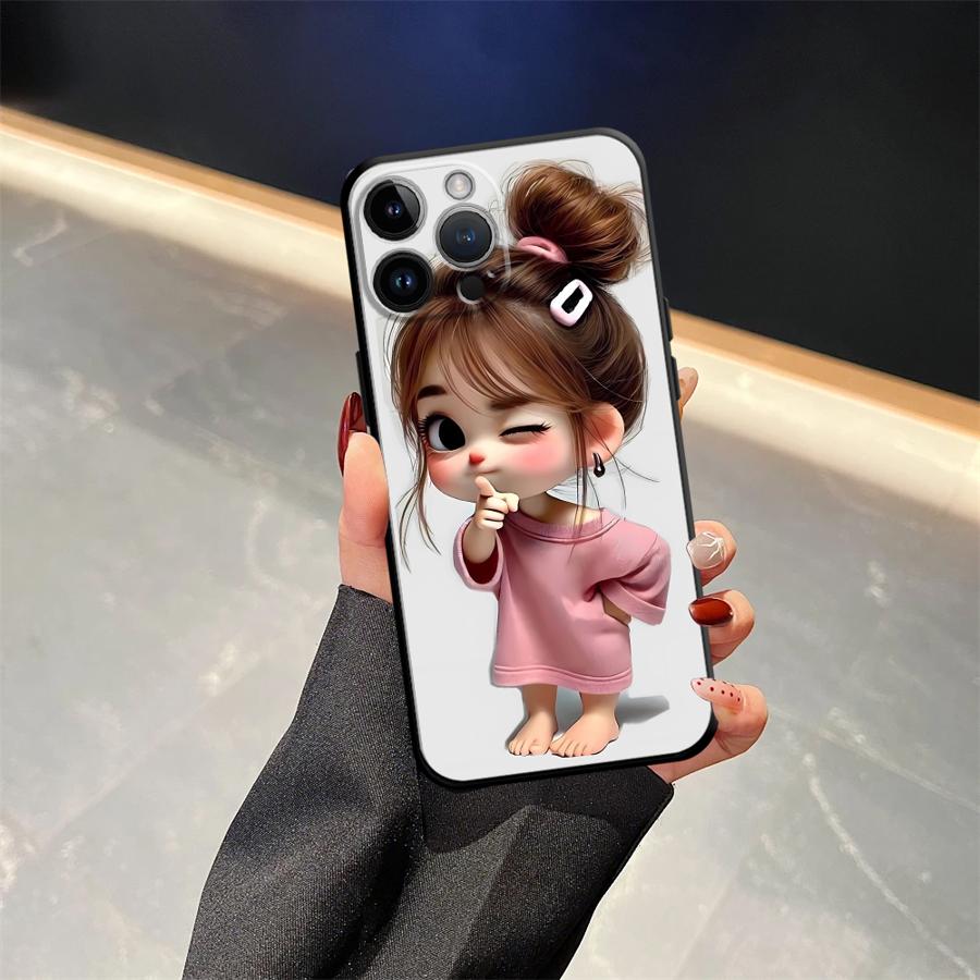 Cartoon Girl Pattern Case for iPhone XS Max XR 13 12 11 17 Pro Max 7 8 17Air 15 16 14 Plus Black Soft Phone Cover
