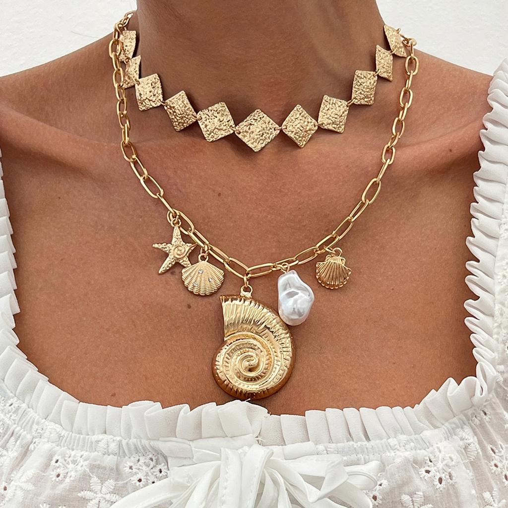 Ocean Wind Starfish Scallop Shell Large Conch Necklace, Fashionable Metal Rhombus Imitation Pearl Necklace