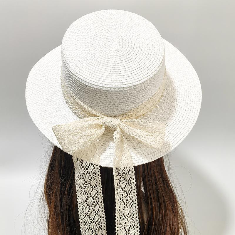 Summer flat top hat lace bow straw hat travel vacation sun hat beach UV protection sun protection hat