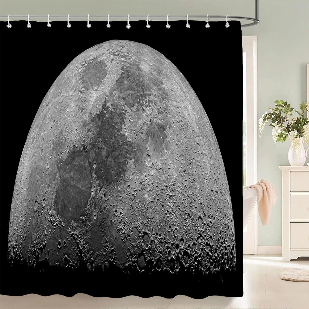 Night Moon Starry Sky Universe Fabric Shower Curtain Bathroom Curtains Moon Earth Waterproof Polyester Bath Screen with 12 Hooks