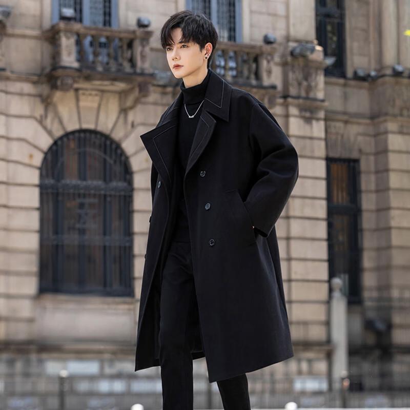 ROMON Men's Mid-Length Wool Blend Business Trench Coat