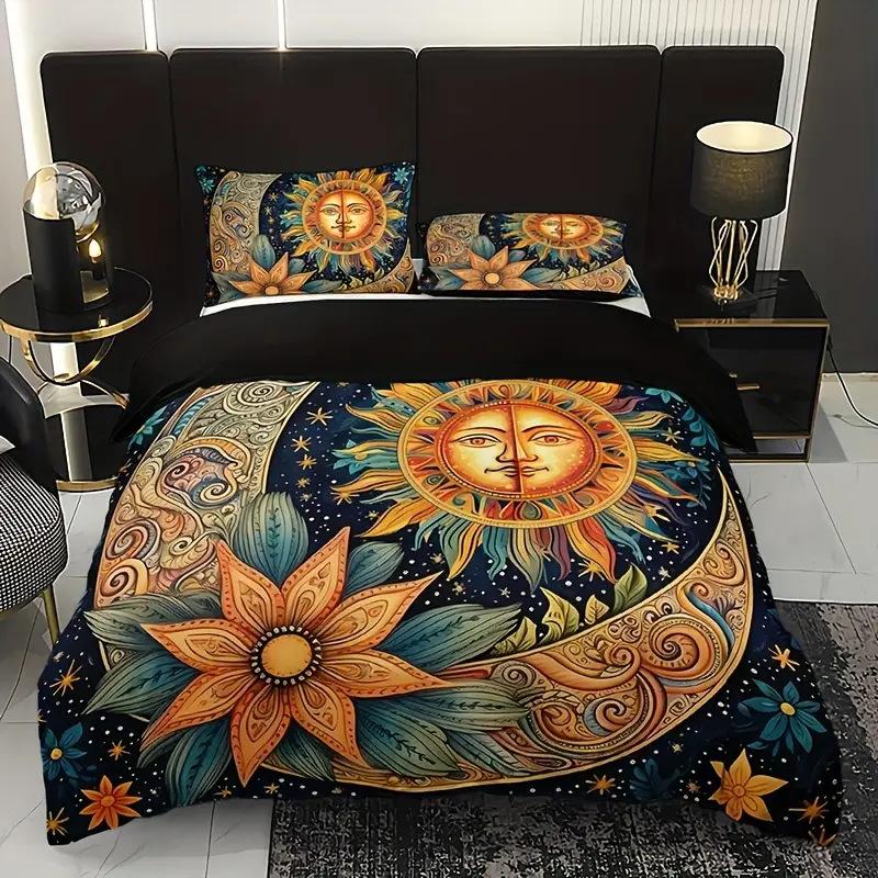 Boho Sun and Moon Duvet Cover Set Black White Floral Bedding Set Bohemian Exotic Comforter Covers Queen Bedroom Decor All Season
