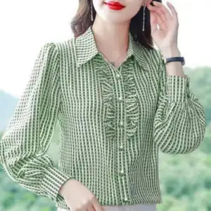 Women's New Style Spliced POLO Collar Button Loose Striped Fashionable Long-sleeved Chiffon Shirt