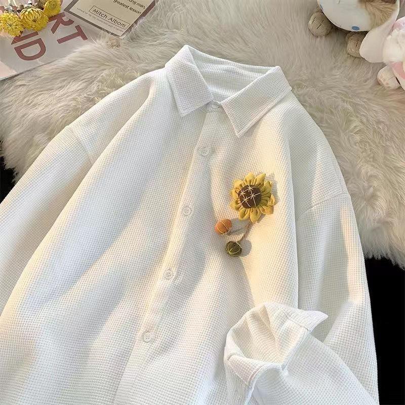 Sunflower Decorated Women's Shirt Solid Color Single Breasted Lapel Blouse Spring Autumn Woman Casual Korean Loose Top