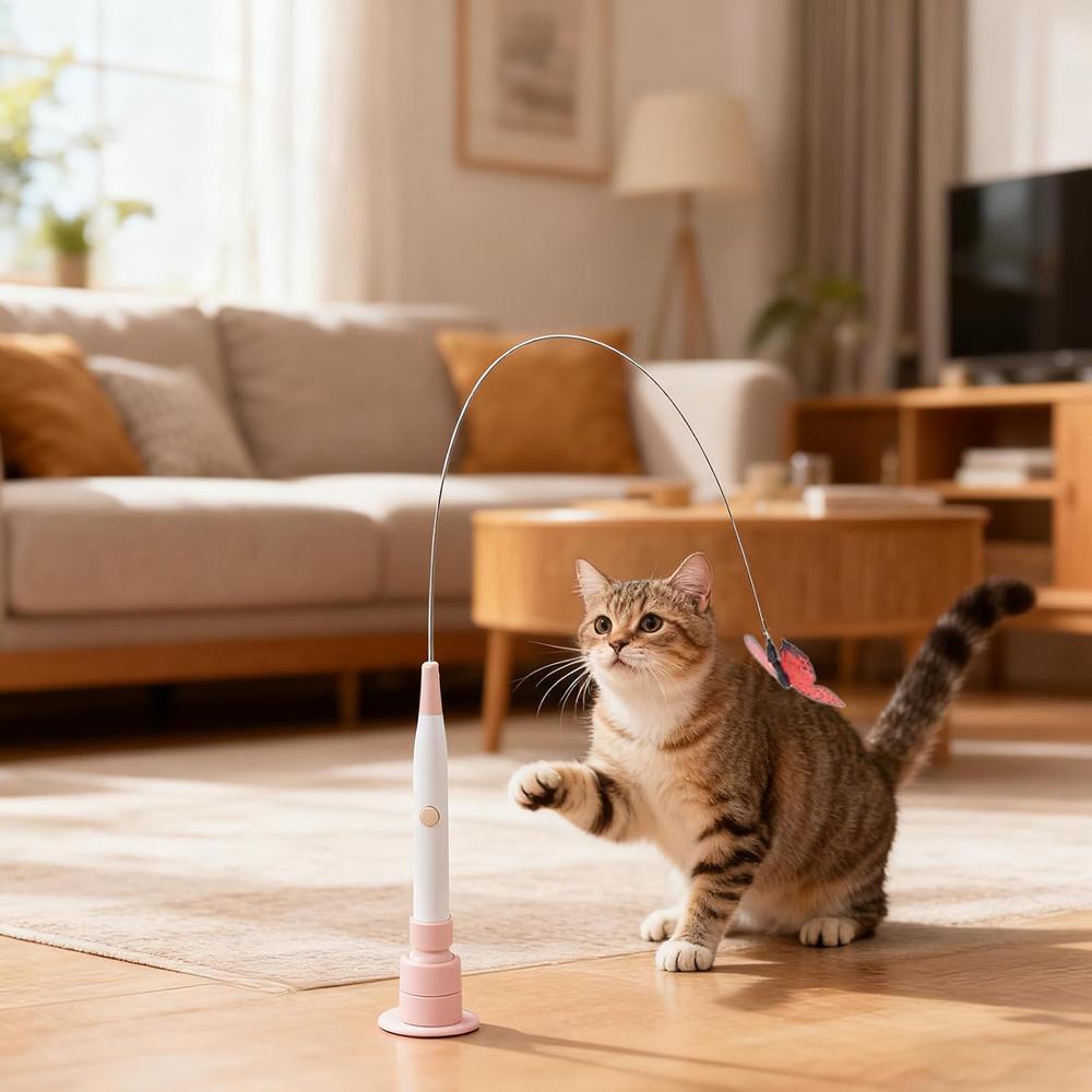 Interactive Switchable Butterfly Pattern Cat Teasing Stick With Removable Handle 360° Swivel Automatic Cat Teaser For Kittens