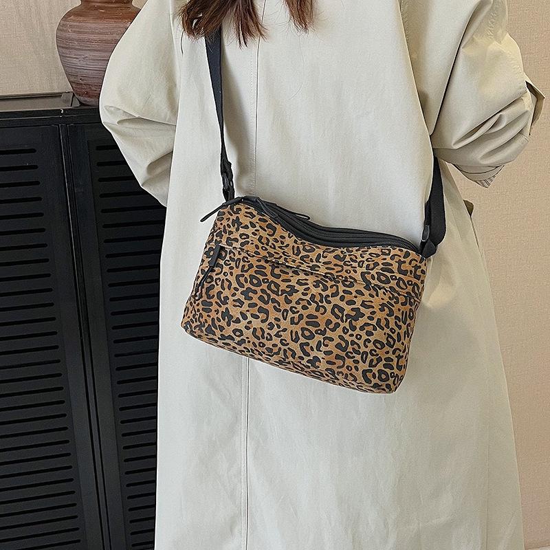 Korean Retro Leopard Print Nylon Small Crossbody Shoulder Bag