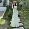 Pure Desire Wind Neck Strap Tube Top Dress Women's Vacation Atmosphere Green Mesh Skirt Waist Temperament Long Skirt