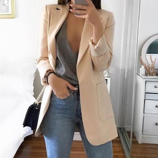 Women Suit Coat Lapel Long Sleeve Open Front Suit Jacket with Pockets Solid Color Slim Fit Office Work Basic Outerwear