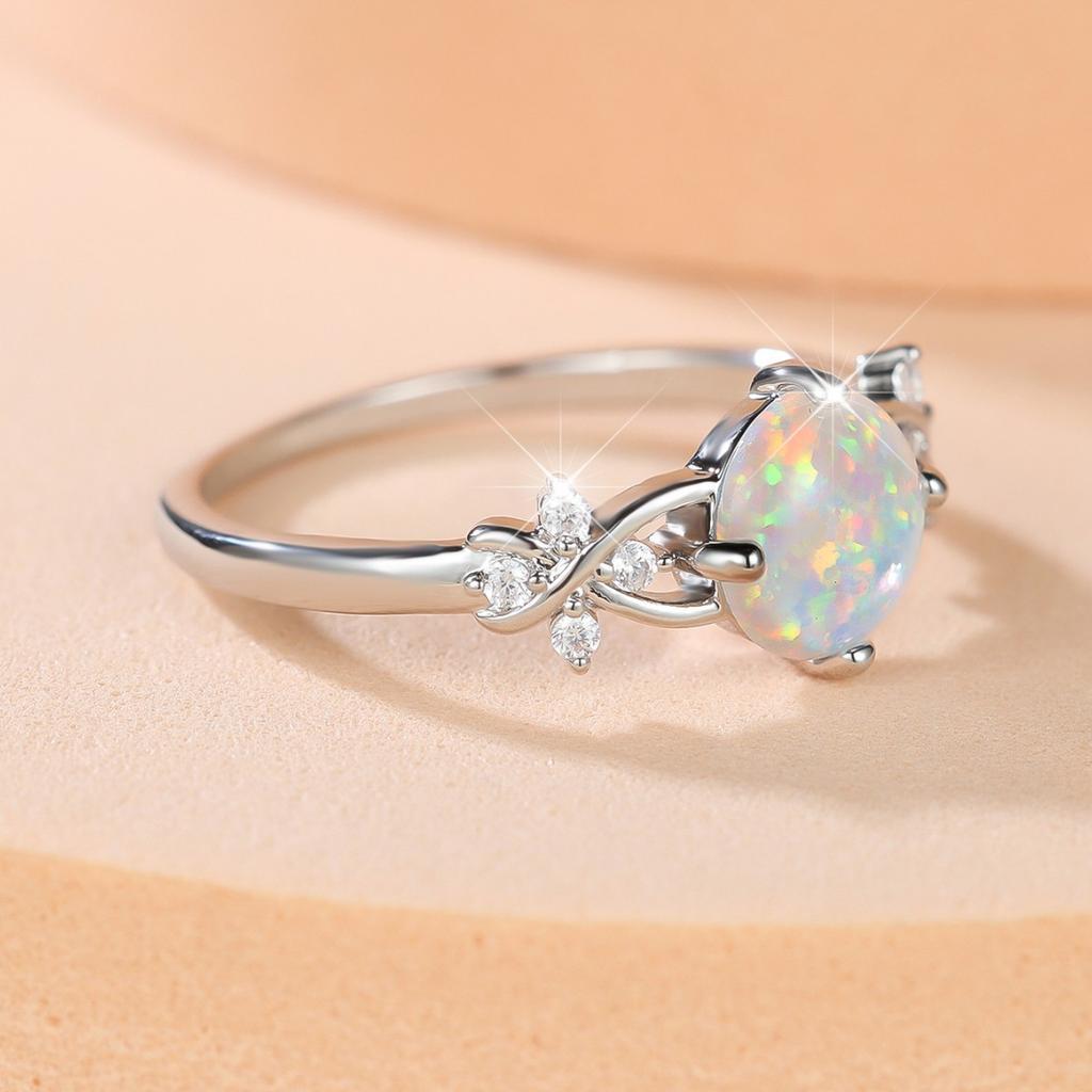 Vintage Pattern Opal Ring Round Opal Four-Prong Diamond-Set White Gold Women's Ring