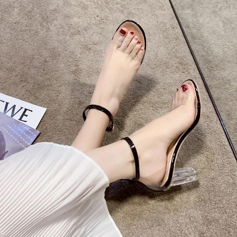 Fashion Transparent Sandals Women's 2024 Summer New One-word Buckle with Round Toe Thick Heel Fairy Wind Crystal Heel Sexy High Heels