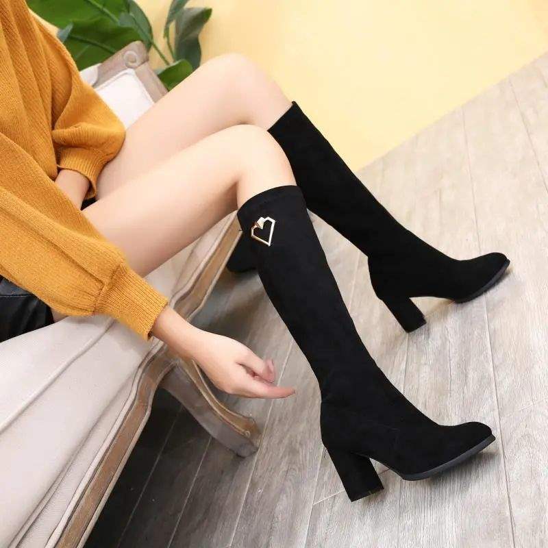 Boots Women's But Knee Boots Small Medium Boots High Heel Long Women's Boots Autumn and Winter Thick Heel High Elastic Thin Boots