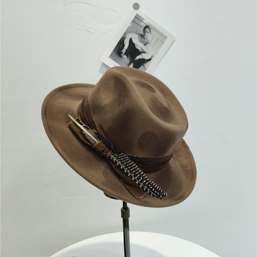 Design Spray Paint Fire Charred Wind Retro Old Woolen Jazz Hat Felt Top Hat Feather Decoration Flat Edge Hemming