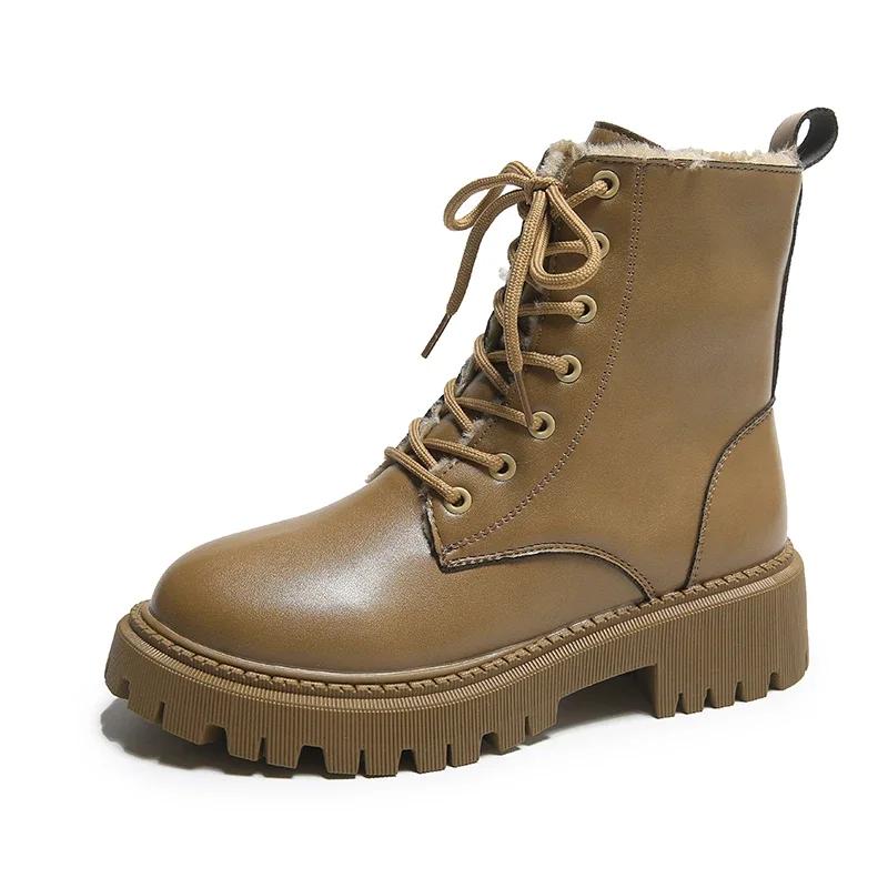 Fashion Autumn Winter Woman Ankle Boots Thick Plush Warm PU Leather Booties Woman Fashion Non Slip Lace Up Short Boots Plus Size