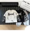 Nausicaa Spring 2025 Plaid Faux Two-Piece Letter T-Shirt for Boys – Trendy Korean Style