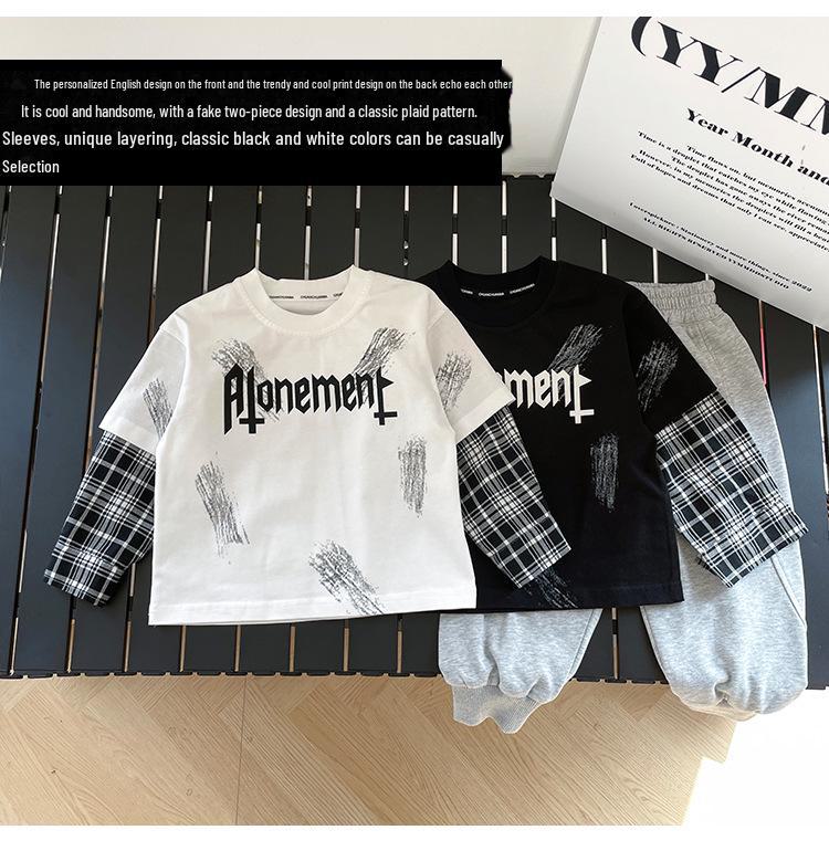Nausicaa Spring 2025 Plaid Faux Two-Piece Letter T-Shirt for Boys – Trendy Korean Style