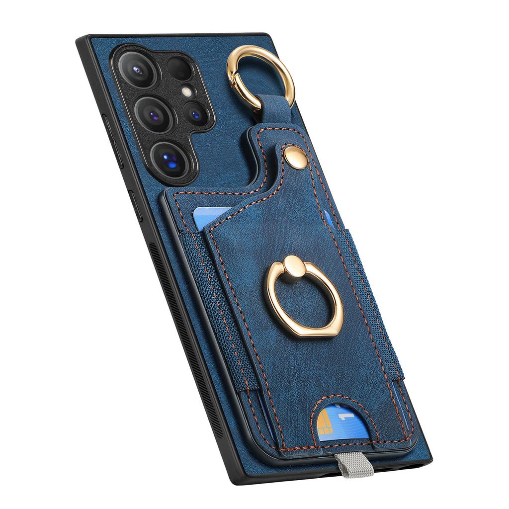 For Samsung Galaxy S25 Ultra Retro Leather Phone Back Cover with Card Slots and Ring Holder