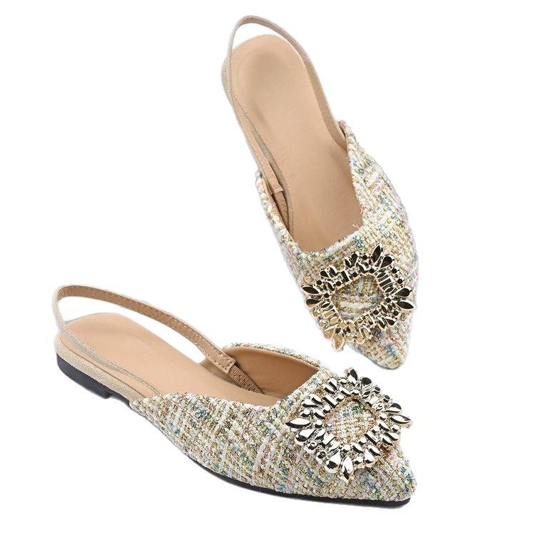 Baotou Sandals Women's New Rhinestone Square Buckle Rear Low Heel Pointed Single Shoes