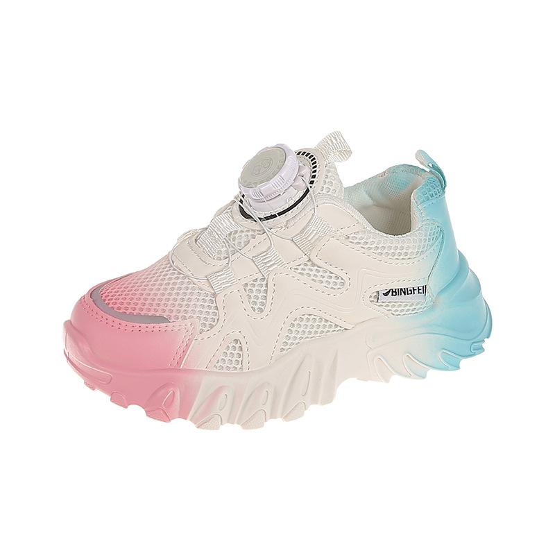 Girls' sneakers 2025 new boys' little white shoes rotating button casual dad shoes children's breathable mesh shoes tide