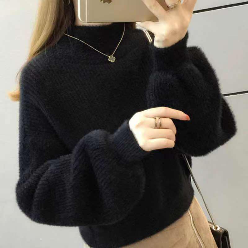 Women's Mink Velvet Lantern Sleeve Sweater - Loose, Half High Collar, Autumn/Winter Outerwear