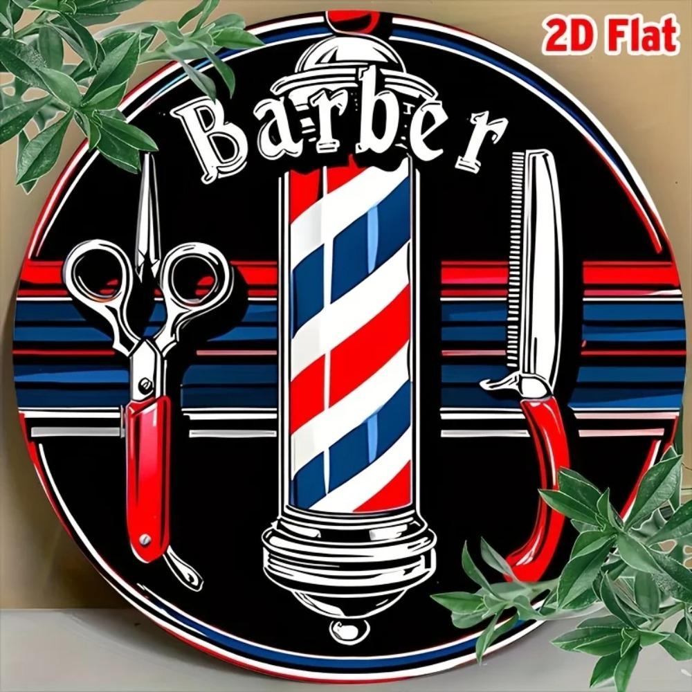 Vintage Barber Metal Wall Art, Retro Red White Blue Striped Sign, Aluminum Round Wall Decor for Home Salon