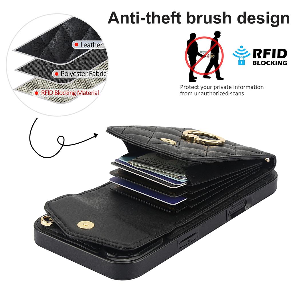 Pouzdro na iPhone 16 s kapsou na karty, kůže+TPU, crossbody kryt na telefon s kroužkem a stojánkem