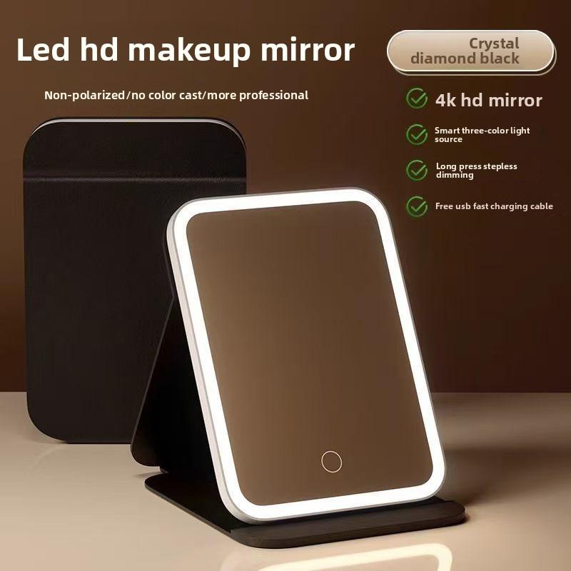 Portable LED Makeup Mirror with Foldable Design and Three-Tone Lighting for Desktop Use