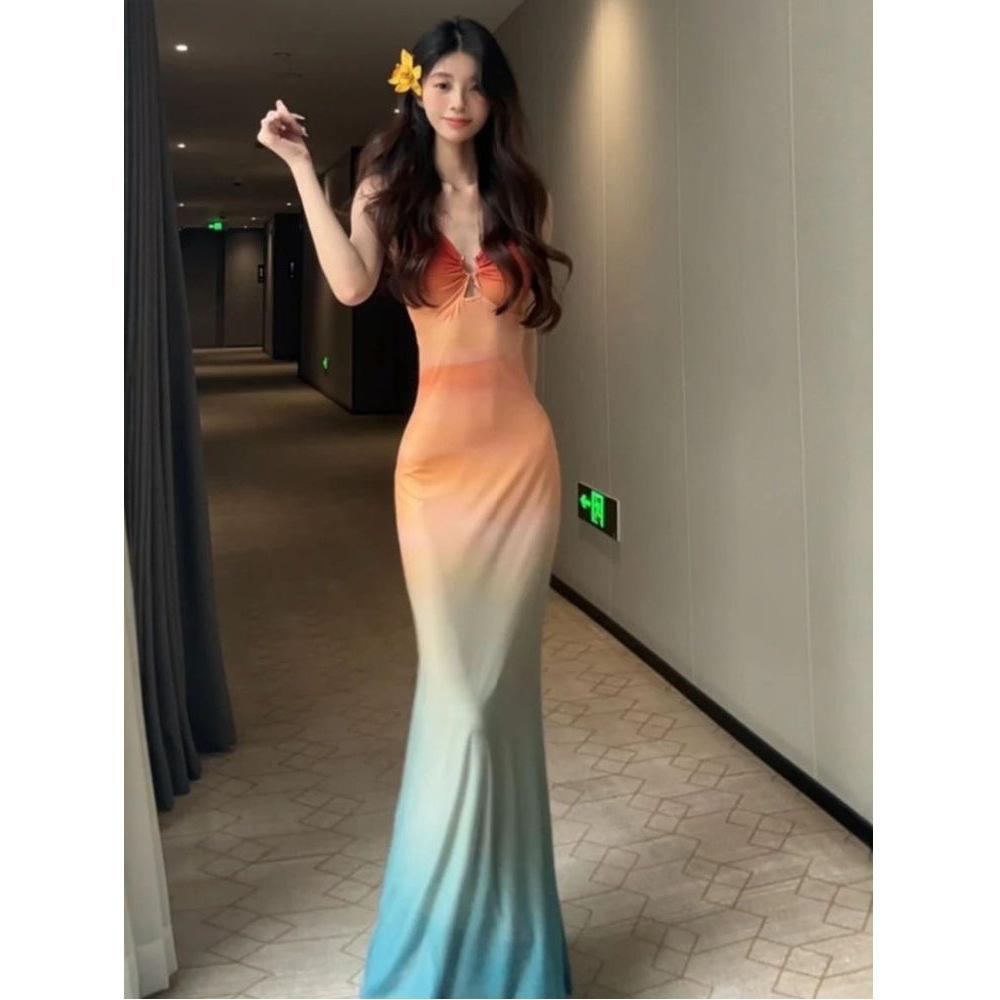 Sunset Skirt Beautiful Smudge Gradual Change Elastic Mesh Dress Thailand Sanya Seaside Vacation Bag Arm Fishtail Dress