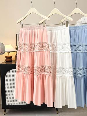 Women's 2026 Spring/Summer High-Waist Hollow Lace Crochet Midi Skirt