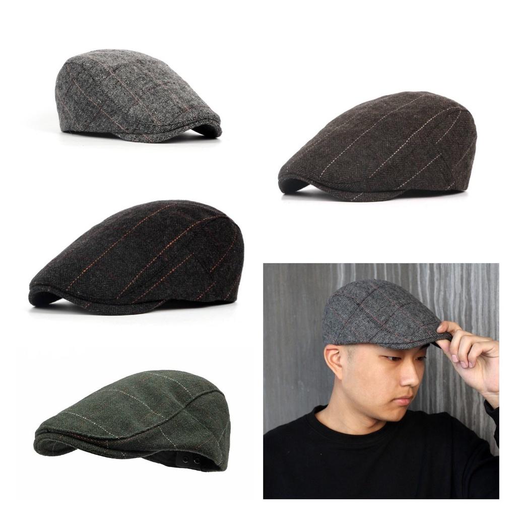 Beret Checkered Duckbill Retro Hat Vintage Men Woollen Cap Accessory Gift Adult