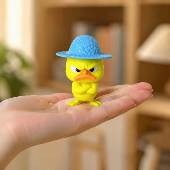 Angry Little Yellow Duck Figurine 4Pcs 3D Printed Figurines, Mini Grumpy with Straw Hat, Compact Ornament for Monitor Stand Cute Cross-Arms