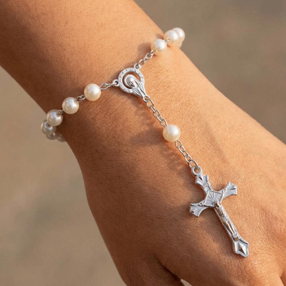 Imitation Pearl Religious Jewelry Set Sweater Chain Long Cross Pendant Necklace Devotional Vintage Style Christian Bracelet