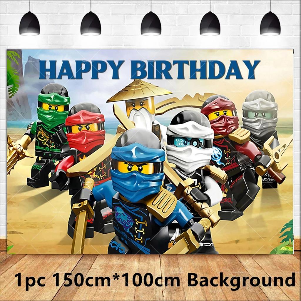Ninjaed Go Balloons Happy Birthday Banner Legoed Party Decoration Supplies Backdrop Cake Topper Kids Spiral Disposable Tableware